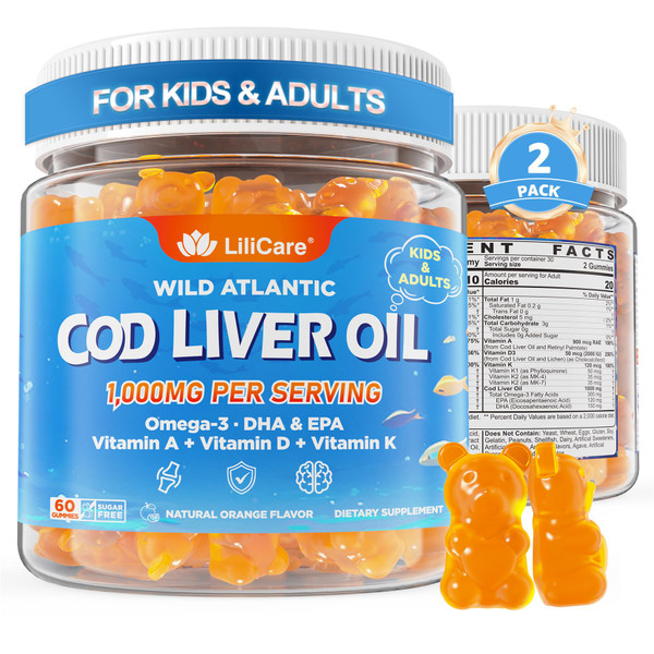 Cod Liver Oil Gummies 1000mg for Kids & Adults - w/Omega 3 (EPA & DHA), Vitamins A, D3 & K2 - Cod Liver Oil Omega 3 Gummies for Immune, Brain & Cognitive Support, SugarFree, Orange Flavor, 120Cts