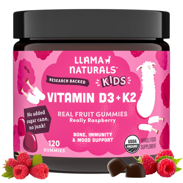 Llama Naturals Vitamin D3 K2 Gummies for Kids, Vegan, Organic, Children Toddler Vitamin D Gummies, Real Fruit Gummy Vitamins, No Added Sugar Cane, Raspberry, 120 Ct