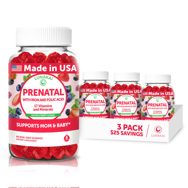 Lunakai USA Made 17-in-1 Prenatal Vitamins for Women with Iron & Folic Acid – Delicious Daily Prenatal Gummies for Maternal Wellness Support - 3 Pack