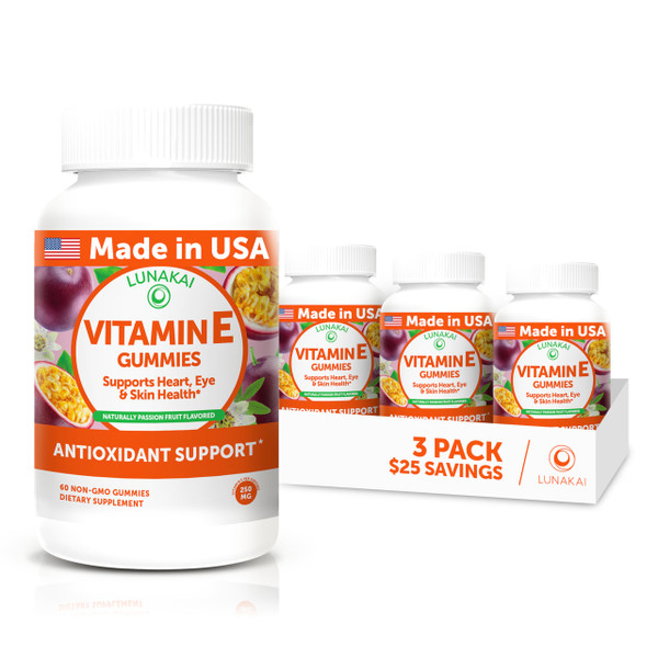Lunakai USA Made Vitamin E 400 IU Gummies with Vitamin C 50mg, for Eye, Immune & Skin Support - d-Alpha-Tocopherol for Adults, Women & Men, Non-GMO Vegan, 60 Daily VIT E Gummies (3 Pack)