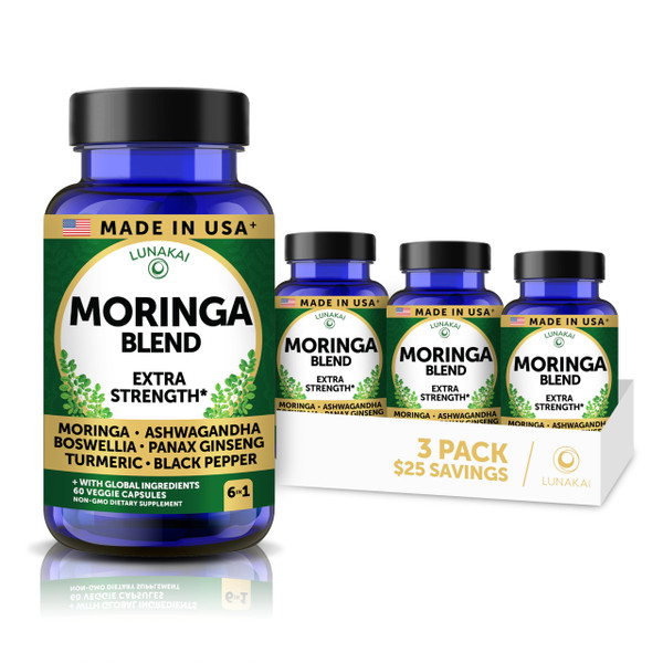 Lunakai USA Made Pure Moringa Capsules – Advanced Moringa Leaf Extract Supplement with Ashwagandha, Boswellia, Ginseng & Turmeric - 3 Pack