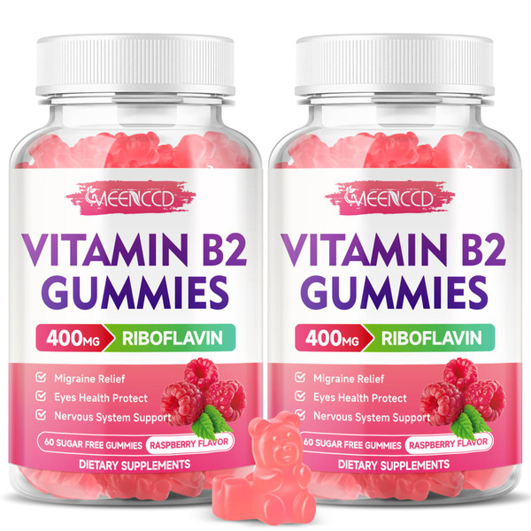 MEENCCD 2 Pack Vitamin B2 Gummies Riboflavin 400mg Supplement with Magnesium for Kids & Adults, B2 Gummies for Migraine Relief Support, Vegan, Sugar-Free, Raspberry Flavor, 120 Count