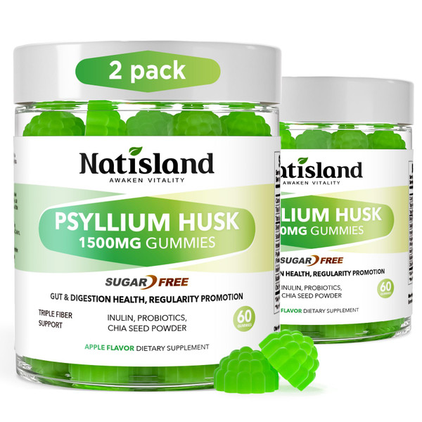 NATISLAND Psyllium Husk Gummies, 1500mg Psyllium Husk Fiber Supplement with Probiotics, Inulin, Chia Seed Powder for Gut & Digestive Health, Regularity, Vegan, Sugar Free, 120 Chewable
