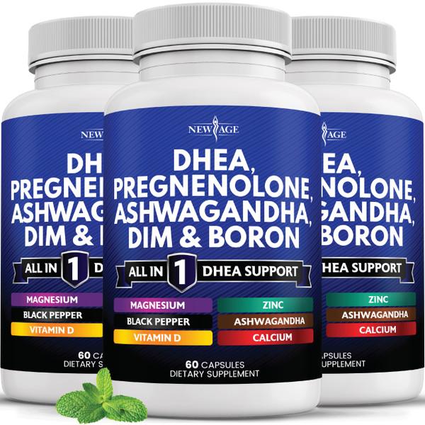 NEW AGE DHEA Supplement - Pregnenolone for Men & Women with DIM, Ashwagandha, Boron, Calcium, Magnesium, Zinc, Vitamin D3 5000iu - Support Capsules - 180 Count