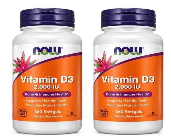 NOW Foods Vitamin D-3 2000 IU High Potency Structural Support 360 Softgels (Pack of 2)