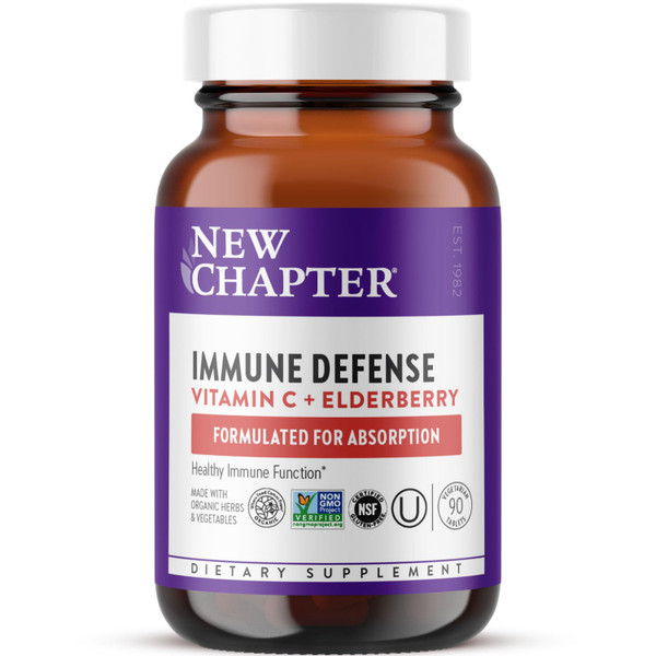 New Chapter® Vitamin C Immune Defense Supplement + Elderberry – Excellent Source of Vitamin C, One Daily Tablet for Healthy Immune Support, Made with Organic Herbs, Non-GMO, Gluten Free, 90 ct