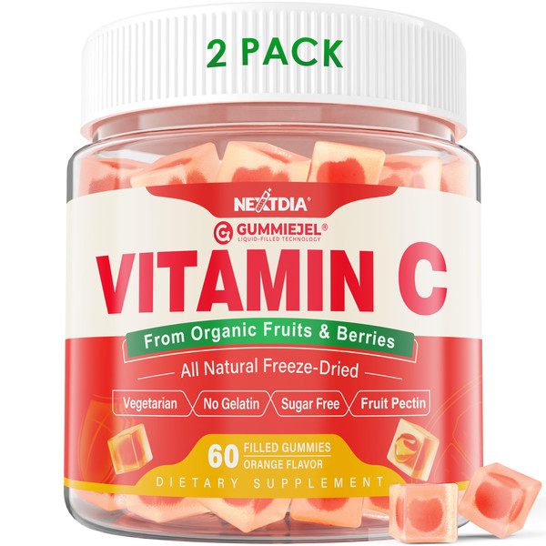 2 Pack - Organic Vitamin C Gummies 120mg for Adults, Sugar Free, Daily Immune Defense, Raw Antioxidant, 100% Whole Food Chewable Vitamin C Supplement from 1200mg Berries & Fruits for Collagen, Vegan