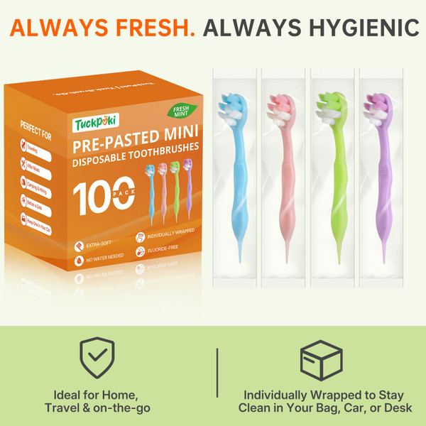 TuckPoki 100-Pack Pre-Pasted Mini Travel Toothbrushes, Individually Wrapped Bulk Pack, Disposable Toothbrushes with Toothpaste, Waterless Single-Use Extra Soft Bristle for Adults, Travel & Braces