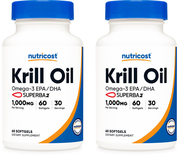 Nutricost Krill Oil 1000mg; 60 Liquid Softgels (2 Bottles) - Omega-3 EPA-DHA
