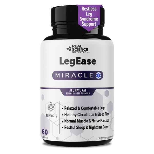 Real Science LegEase Miracle – All Natural Restless Legs Syndrome Relief & Leg Cramp Supplement with Vitamins C, D, K, B6, B12 + Nitric Oxide Support – Sleep & Circulation Aid – Made in USA, 60 Caps