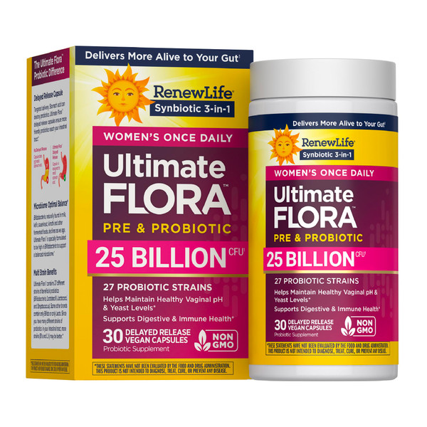 Renew Life Ultimate Flora Probiotics for Women with Prebiotics | 25 Billion CFU | 30 Delayed Release Capsules | 3 in 1 Synbiotic | Supports Digestive and Immune Health | Dairy, Soy and Gluten-Free