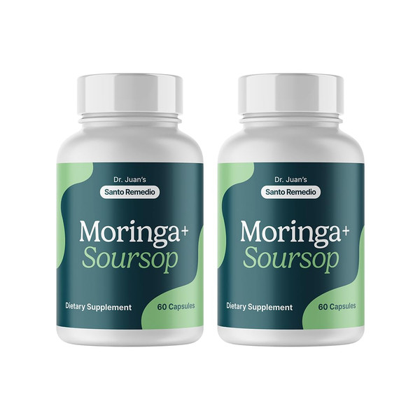 Santo Remedio Moringa and Soursop, Dietary Supplement, Supports Overall Health and the Immune System, 2 Bottles of 60 Capsules, 60 Servings, Gluten-Free, Non-GMO, No Added Sugar.