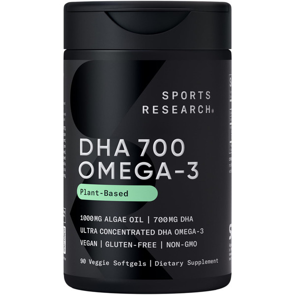 Sports Research® Vegan DHA 700mg - Cognitive Support, Brain Support, Supplement with Omega-3 DHA from Algae Oil - Vegan Certified · Non-GMO · Gluten Free - 90 Count Softgels