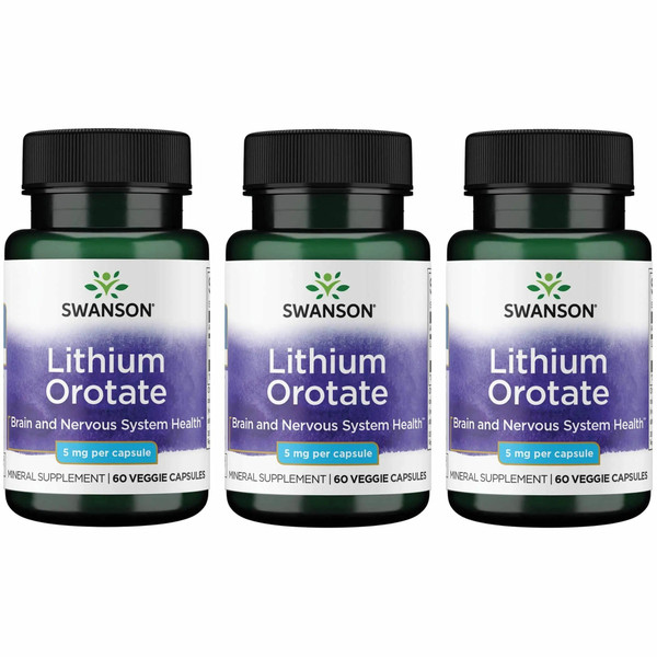 Swanson Lithium Orotate Mood and Memory Support Supplement for Stress-Prone Adults Seeking Emotional Wellness - 5 mg Elemental Lithium (60 Veggie Capsules, 3 Pack)