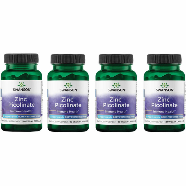 Swanson Zinc Picolinate Chelated Mineral Supplement for Adults Seeking Immune, Vision, and Prostate Support - Body-Preferred Form - 22 mg (60 Vegan Capsules, 4 Pack)