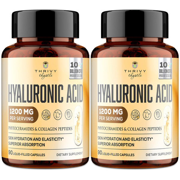 ThrivyThystle 19-in-1 Hyaluronic Acid Capsules - Hylunaric Acid 1200 mg, with Collagen Peptides, Vitamin C, Phytoceramides - for Skin, Eyes, Gastrointestinal, Bones Support (2 Pack)