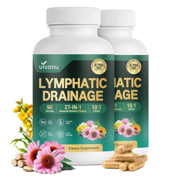 VivoNu 27-in-1 Liposome Lymphatic Drainage Supplements, 180 Day Supply with Echinacea, Chlorophyll, Dandelion, Burdock, Mullein Leaf Extract for Lungs, 10:1 Concentrated Technology, 2 Bottle