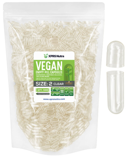 XPRS Nutra Size 2 Empty Capsules - 5000 Clear Empty Vegan - Vegetarian DIY Vegetable Capsule Filling - Veggie Pill Capsules Pills