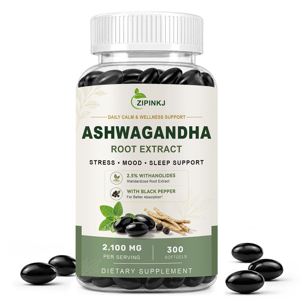 ZIPINKJ Organic Ashwagandha Supplement 2100mg - Ashwagandha Root Extract Softgels with Vitamin D2 & Black Pepper - Stress, Mood & Sleep Support, Non-GMO, Gluten-Free - 300 Softgels (100 Day Supply)