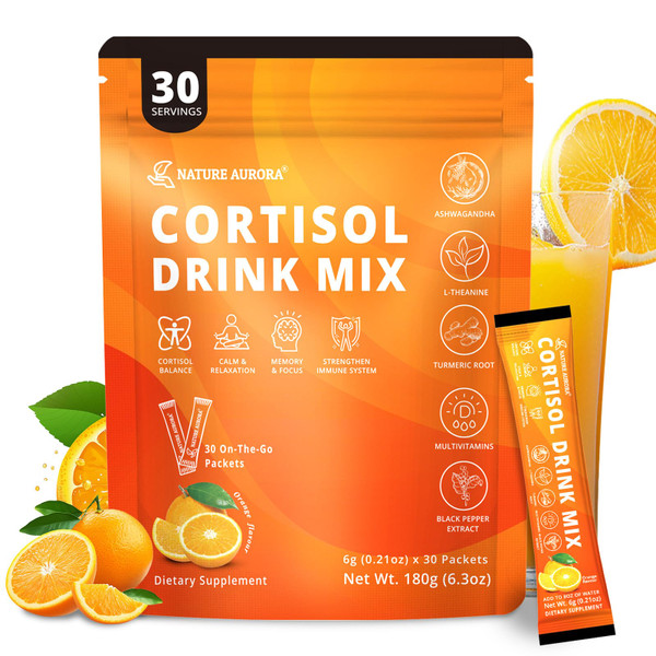 Cortisol Drink Mix Powder with Magnesium Glycinate, L-Theanine, Ashwagandha & Vitamin For Relax, Focus & Calm, Natural Cortisol Supplement for Women and Men, Orange Flavor, 30 Sticks