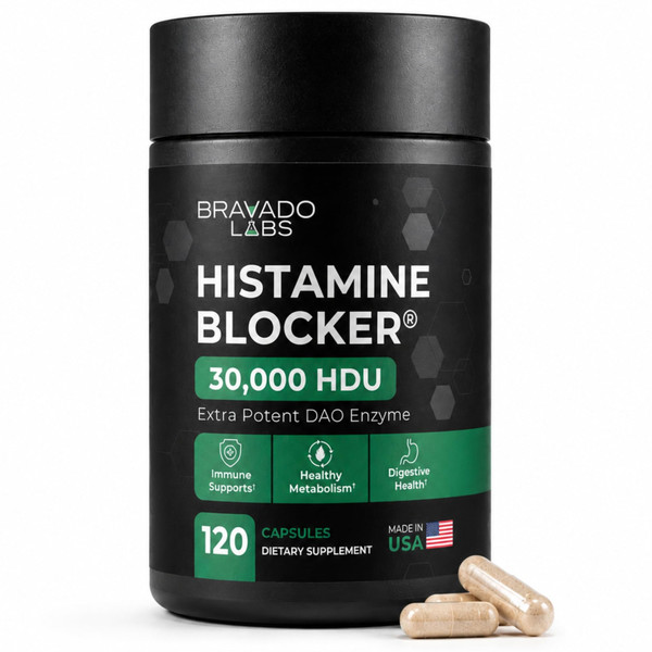 Bravado Labs DAO Supplements Histamine Blocker - Extra Strength 30,000 HDU DAO Enzyme + Diamine Oxidase & Vitamin C for Daily Histamine Metabolism & Immune Support - 120ct