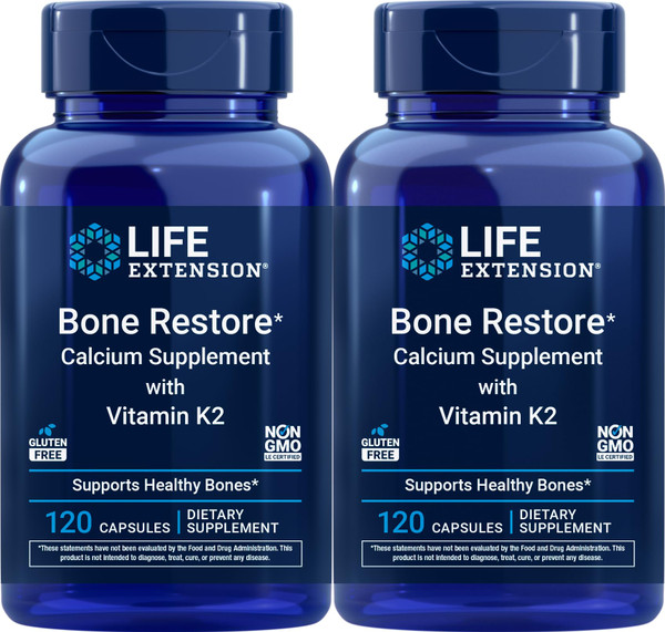 Life Extension Bone Restore Calcium Supplement with Vitamin K2, 120 Capsules (Pack of 2)