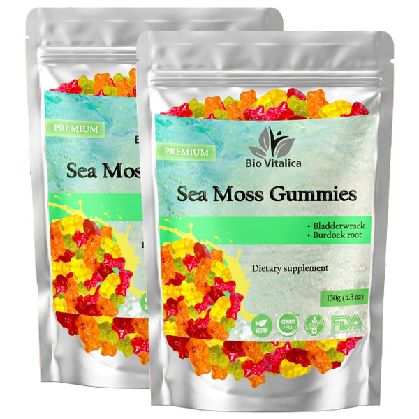 BIO VITALICA Sea Moss Gummies – with Bladderwrack & Burdock Root – Wildcrafted Gel + Powder – Vegan, Keto, Non-GMO, Gluten-Free – Fruity Mineral-Rich Gummies – 50 Count (2 Pack)