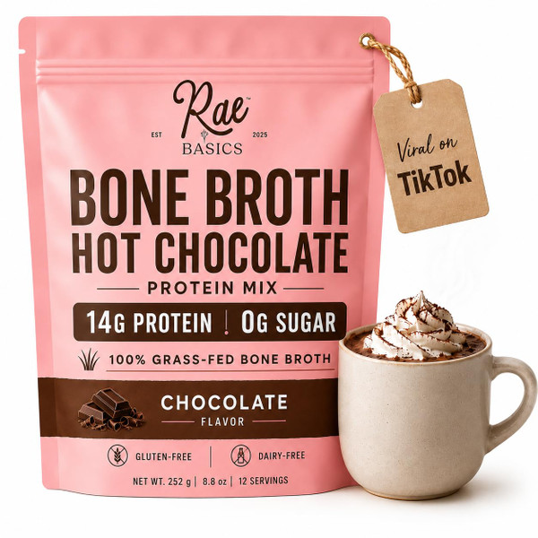 Rae Basics Bone Broth Hot Chocolate Protein Powder Starter, 14g Grass-Fed Protein, 10g+ Collagen, Dairy Free, Gluten Free, Organic, 0g Sugar, Chocolate, 12 Servings