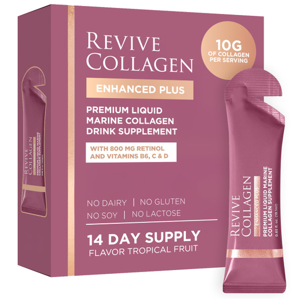 Revive Collagen Enhanced Plus Premium Liquid Marine Collagen Drink Supplement – 22 Fluid Ounces, Tropical Flavor, 10,000mg of Collagen per Shot, 14 Servings, Liquid Collagen for Women and Men