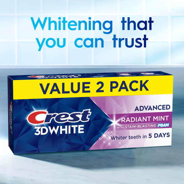 Crest 3D White Advanced Teeth Whitening Toothpaste, Radiant Mint, 3.3 oz, Pack of 12