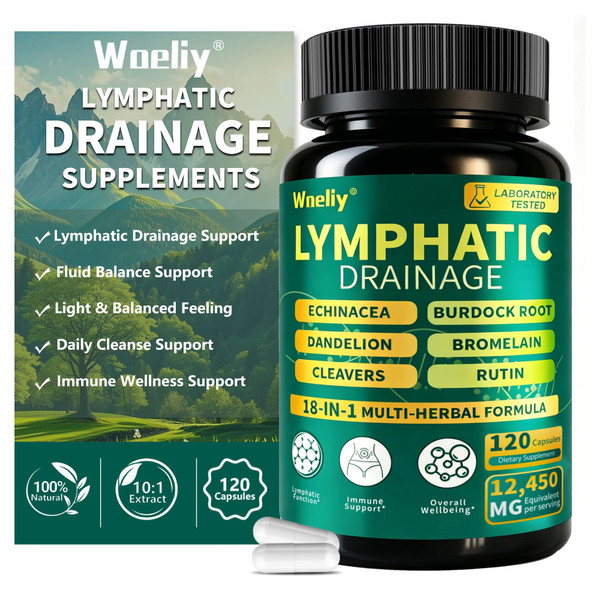 WOELIY Lymphatic Drainage Supplements, 18-in-1 Herbal Blend with Echinacea, Cleavers, Dandelion, Burdock Root & Rutin, Lymphatic Support for Women & Men, 120 Capsules