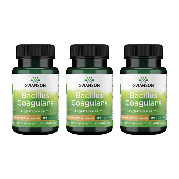 Swanson Bacillus Coagulans Spore-Form Probiotic for Adults Seeking Shelf-Stable Digestive Support with 6 Billion CFU - Acid-Resistant (60 Vegan Capsules, 3 Pack)