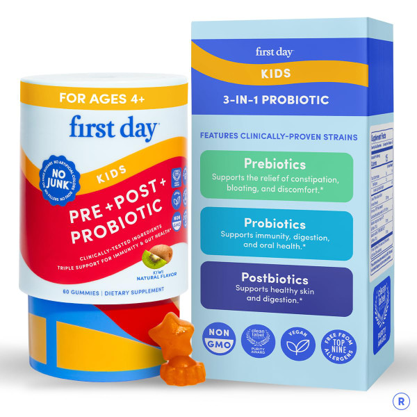 FIRST DAY Kids Probiotic Gummies - 3 in 1 Probiotics for Kids + Prebiotic & Postbiotic - Prebiotics & Probiotics for Digestive Health & Immune Support – Vegan, Gluten Free, 30-Day Supply, Bottle