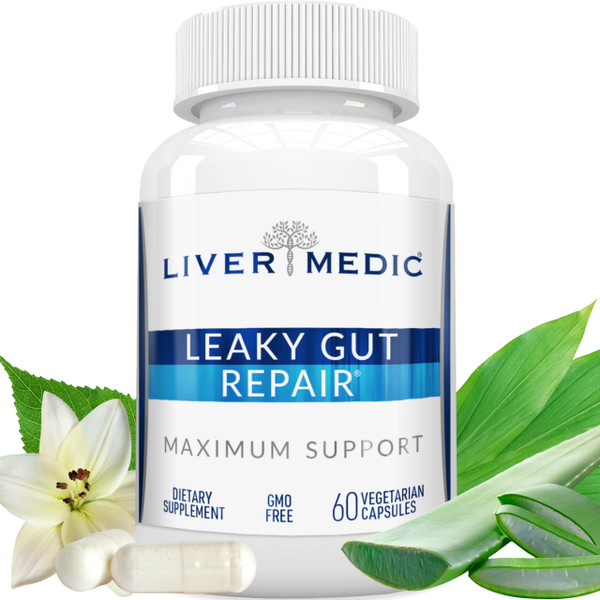 Liver Medic Leaky Gut Repair Natural Gut Health Supplement Glutamine Organic Slippery Elm NAG Marshmallow Root Aloe Vera MSM Quercetin Bromelain Promotes Digestive Ease, Gut Wellness 1000mg 60 Caps