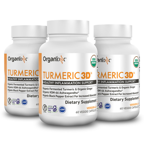 Organixx USDA Organic Turmeric Curcumin Supplement with Ashwagandha, Vitamin D, Turmeric & Ginger – Fermented for Maximum Bioavailability, 60 Count (Pack of 3)