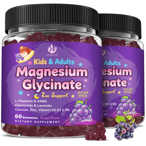(2Pack) Sugar Free Magnesium Glycinate Gummies for Kids & Adults - Zzz Support, Relaxation & Cognition Support, 200/400mg Magnesium Gummies with L-Theanine, GABA, Calcium, B6, D3, C & K2, Grape Flavor