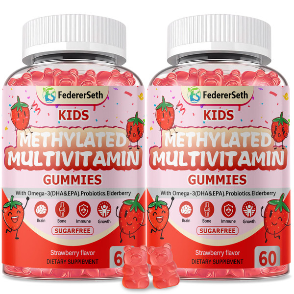 FedererSeth (2 Pack) Methylated Multivitamin Kids Gummies + Omega3, Methylfolate & B12, Calcium, Probiotics, Elderberry, for Kids & Teens, for Growth, Immune, Bone, Brain, Focus, No Sugar - 120 Count