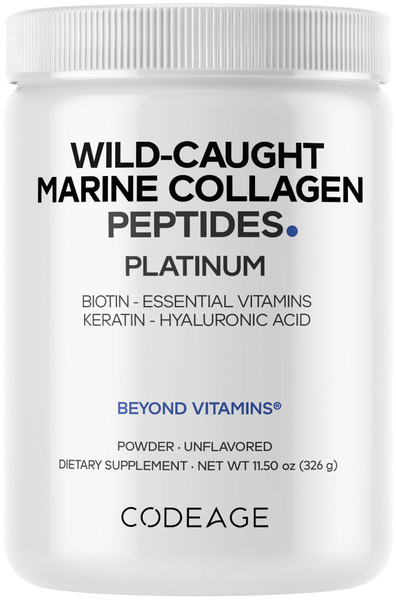 Codeage Marine Collagen Protein Powder Supplement Platinum - Biotin 10,000 mcg, Vitamin C, D3 & B6, Keratin, Hyaluronic Acid, Niacin, Wild Caught Hydrolyzed Fish Collagen Peptides - Non-GMO - 11.50 oz