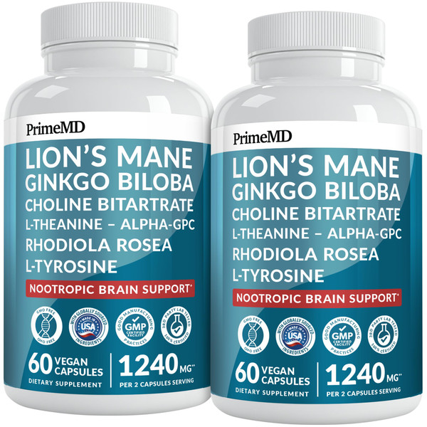 14-in-1 Lions Mane Supplement Capsules - Nootropic Brain Supplement with Ginkgo Biloba for Brain Support, Memory and Focus - Alpha GPC, L Theanine and Choline Supplements with 1300mg Per Serving - 2pk
