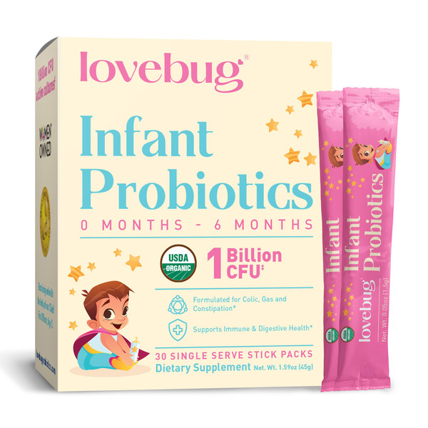 Lovebug Infant Probiotics 0-6 Months - USDA Organic Probiotics for Babies, Supports Baby Gas, Colic, Reflux, Diarrhea and Newborn Constipation Relief, Allergen & Sugar Free, Tasteless Powder, 60 Count