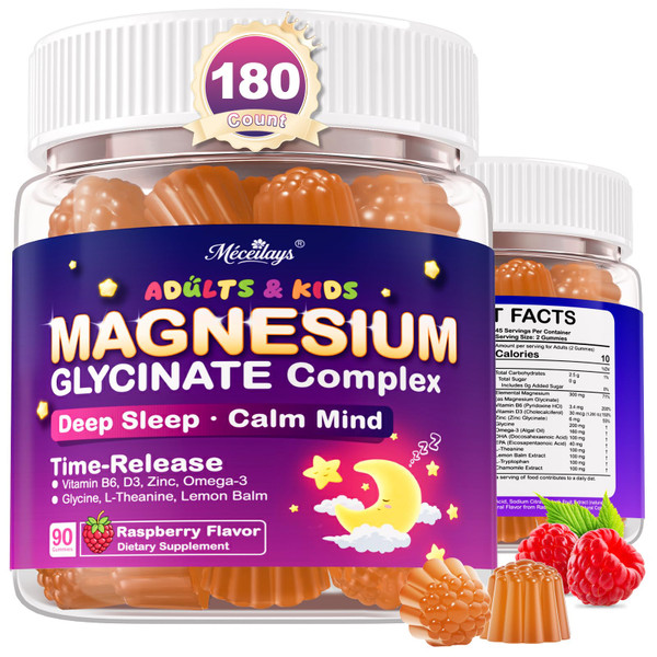 Magnesium Glycinate Gummies for Kids 4+ & Adults, 180 Counts No Melatonin Magnesium Gummies for Sleep & Calm, Sugar Free Vegan with Glycine, L-Theanine, B6, D3, Zinc & Omega 3 - Raspberry Flavor