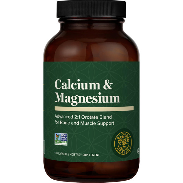 Global Healing Calcium and Magnesium Orotate - Bone Strength Supplement for Women and Men - Helps Support Strong Teeth and Cardiovascular Health for Normal Muscle Function - 120 Capsules