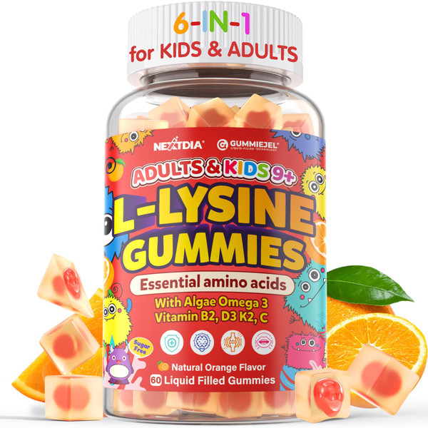 L-Lysine Gummies 500/1000mg with Algae Omega 3, Vitamin B2, D3, K2, C for Kids 9+, Teen & Adult, Lysine Supplement Support Immune, Lip & Oral, Collagen Production, Brain, Bone Health, Sugar Free 1Pack
