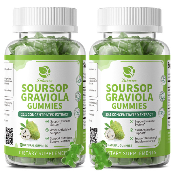 (2 Pack) Soursop Graviola Gummies - Concentrated Soursop Leaves Extract w/Vitamin C, Zinc & Whole Natural Food for Immunity, Liver, Calming & Antioxidant, Sugar Free, Gluten Free, Vegan, 60 Gummies