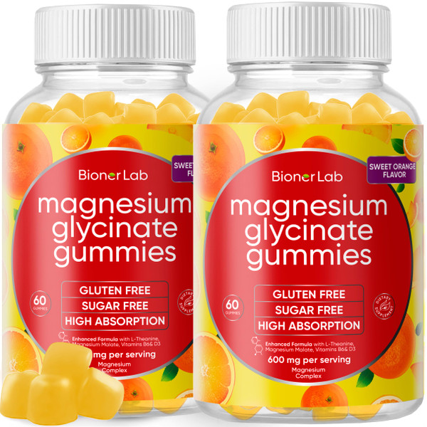 BionerLab Magnesium Glycinate Chewable Gummies (600mg) for Kids & Adults Women Men - Vegan Complex with Calcium Potassium Vitamin D B6 L-Theanine - Sugar & Gluten Free - Orange Flavor