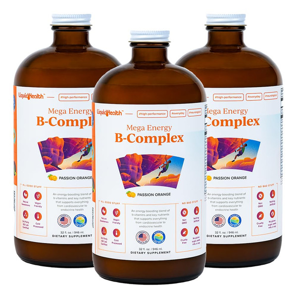 LIQUIDHEALTH Mega Energy Methylated B-Complex, Adult Liquid Vitamin Supplement - Increase Energy, Relieve Stress & Fatigue, Immune Support, Heart & Gut Health - Made in USA, Vegan, Sugar-Free (3 Pack)