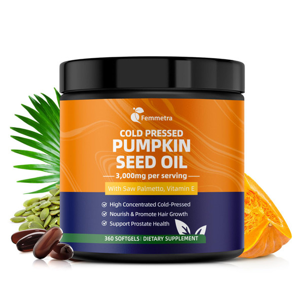 Femmetra Pumpkin Seed Oil with Saw Palmetto Capsules, High Concentrated Pumpkin Seeds Oil Supplement, Cold Pressed, Supports Hair, Urinary, Bladder & Prostate Health, Vegan, Non-GMO, 360 Softgels