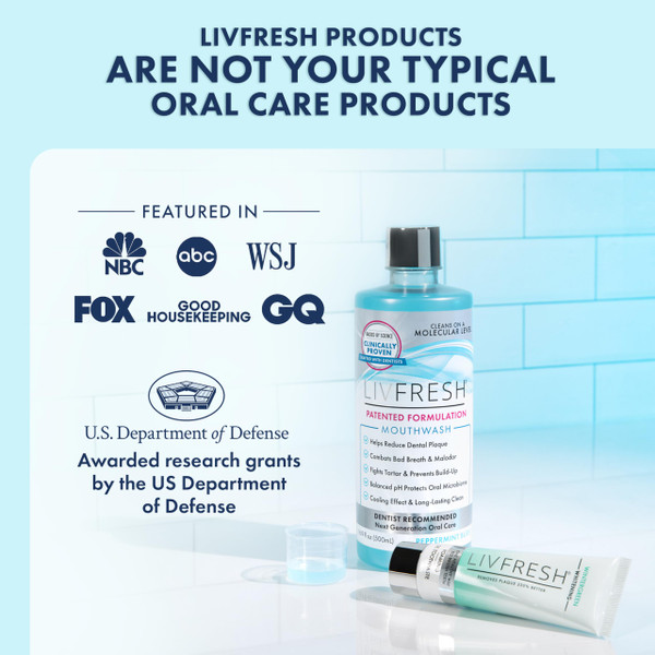 LIVFRESH Mouthwash, Clinically Proven, 163% Better Tartar Control, 114% Better Gum Health, 72% Better Plaque Reduction, 38% Better at Eliminating Bad Breath, Peppermint Burst, 16.9 fl oz