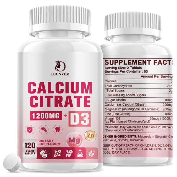 (2 Pack) Calcium Citrate with Vitamin D3 Supplement for Women & Men, Calcium Citrate 600/1200 mg with Magnesium Zinc D3 for Bone Muscle & Teeth Health - 120 Count - 120 Day Vegan Supply
