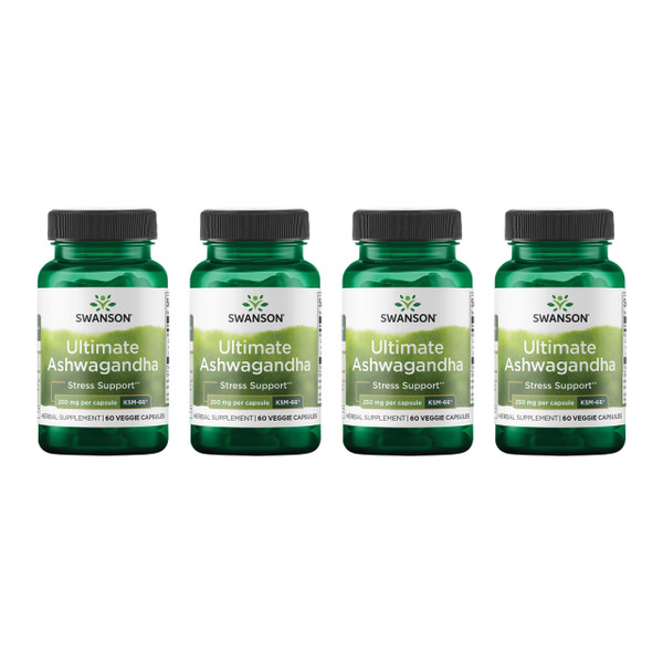 Swanson Ultimate Ashwagandha KSM-66 - Herbal Supplement Supporting Healthy Stress Levels & Relaxation - Natural Formula to Promote a Calm & Relaxed Mindset - (60 Veggie Capsules, 250mg Each) (4 Pack)